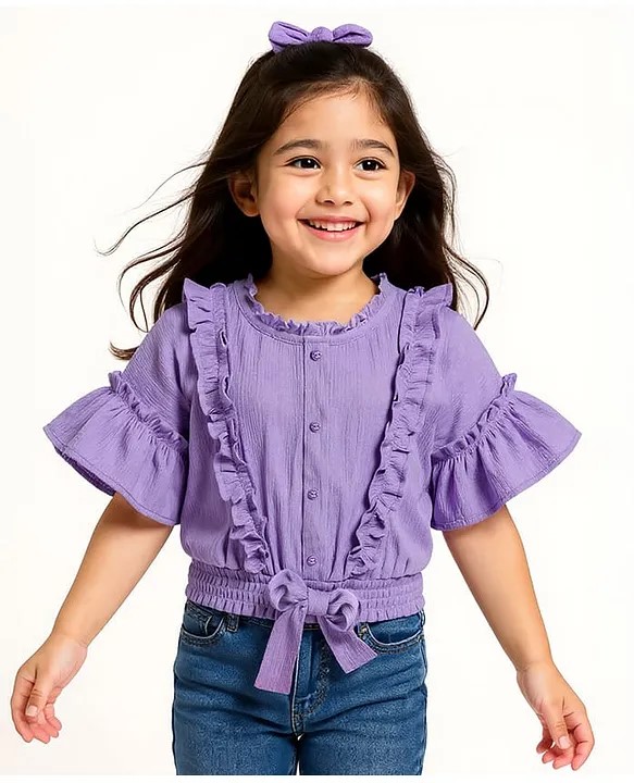 Babyhug Cotton Knit Half Sleeves Tops With Frill Detailing - Purple